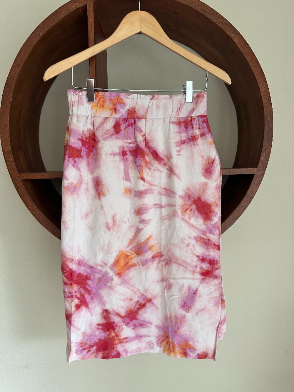 Ann Taylor Tie Dye Midi Skirt Pink Coral Paperbag Waist XXS